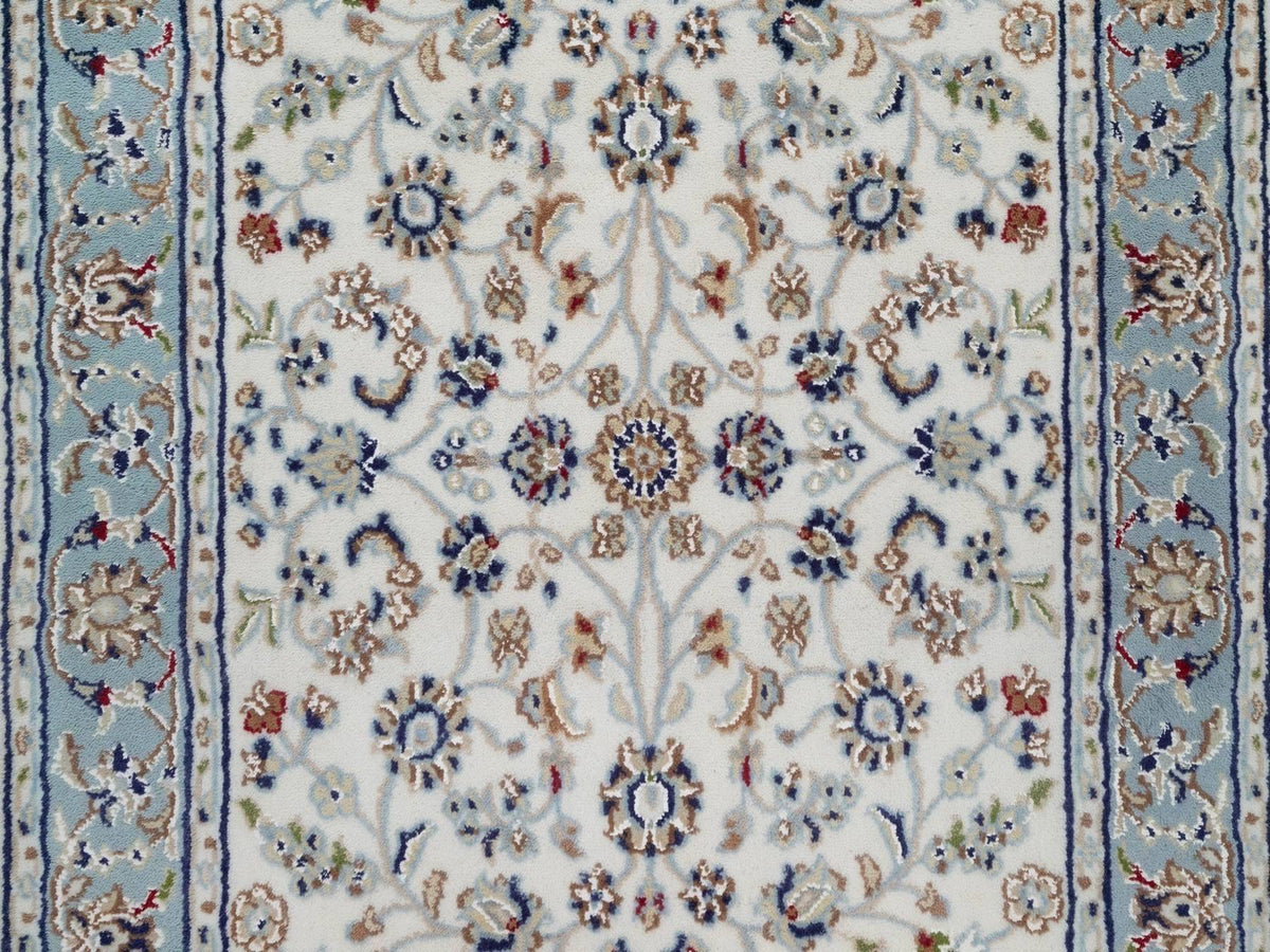 Nain Fine Oriental hand-knotted wool/silk runner in Ivory & Light Blue, 2'9" x 12'3" — SKU O092108 (view 5)