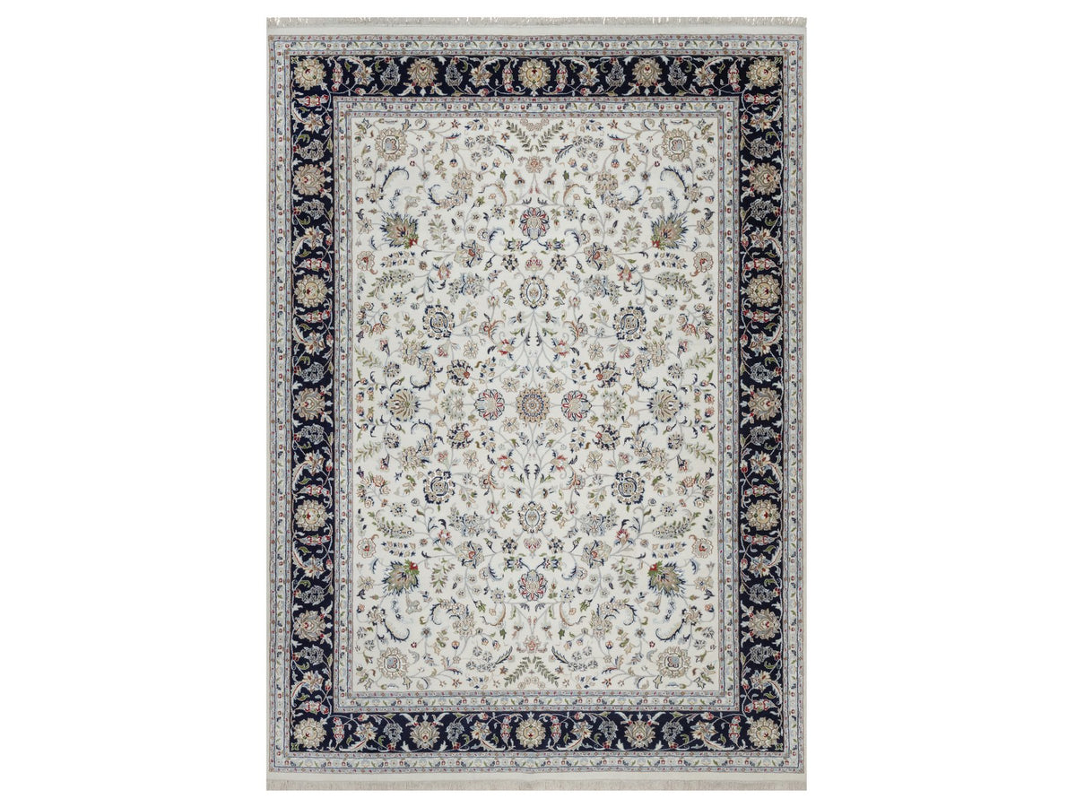 Nain Fine Oriental hand-knotted wool/silk rug in Ivory & Midnight Blue, 8'9" x 12'2" — SKU O092110