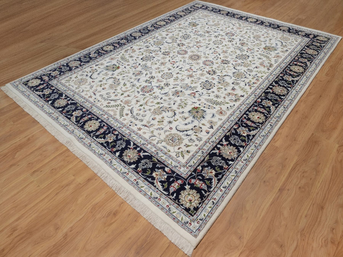 Nain Fine Oriental hand-knotted wool/silk rug in Ivory & Midnight Blue, 8'9" x 12'2" — SKU O092110 (view 3)