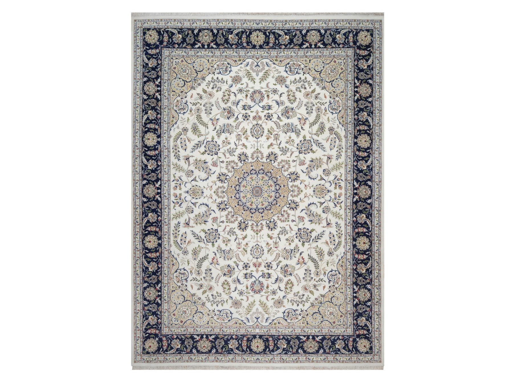 Nain Fine Oriental hand-knotted wool/silk rug in Ivory & Midnight Blue, 10'2" x 14'1" — SKU O092114
