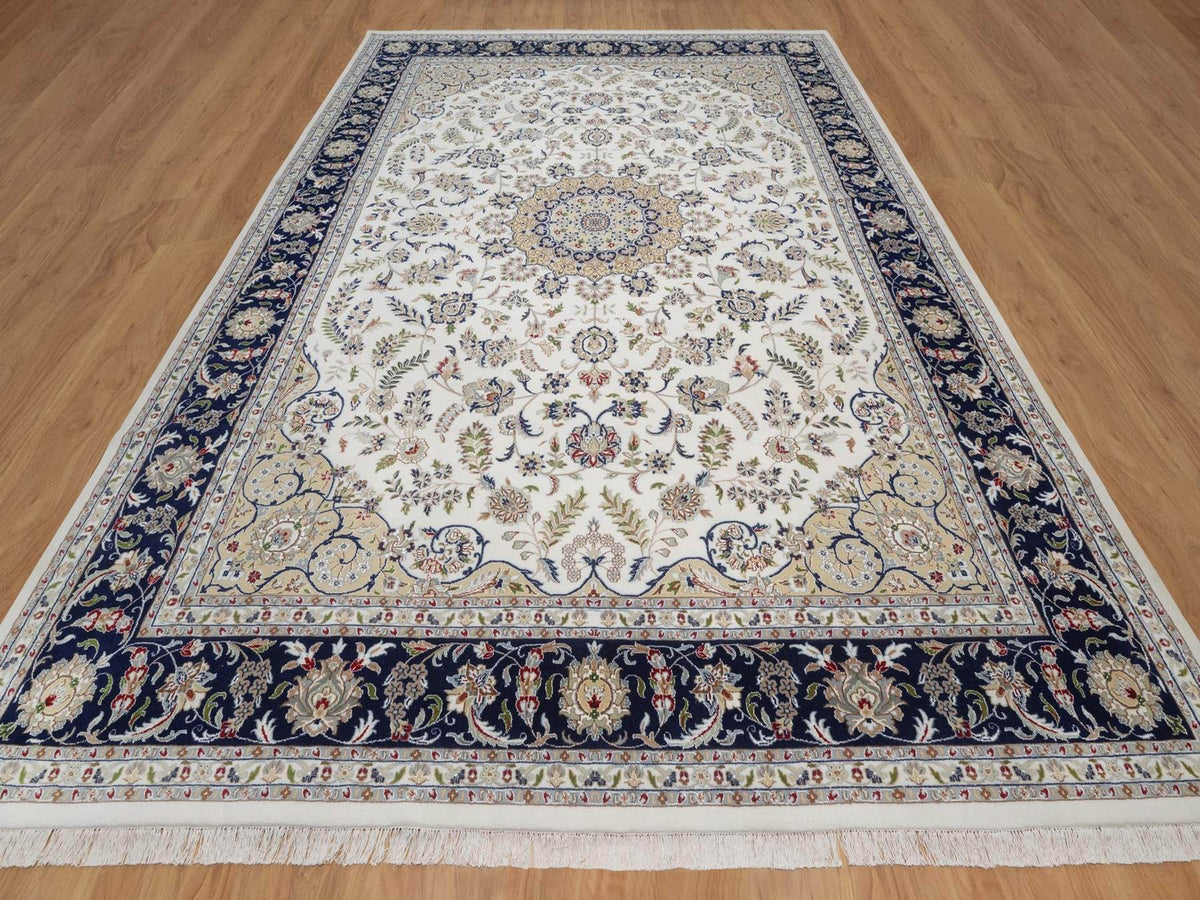 Nain Fine Oriental hand-knotted wool/silk rug in Ivory & Midnight Blue, 10'2" x 14'1" — SKU O092114 (view 2)