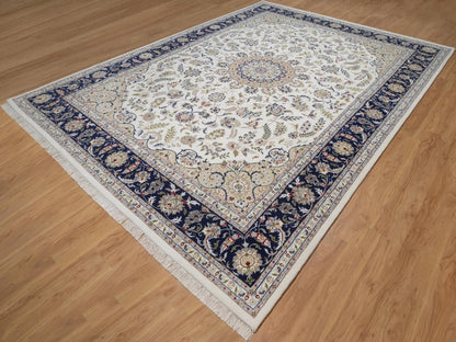 Nain Fine Oriental hand-knotted wool/silk rug in Ivory & Midnight Blue, 10'2" x 14'1" — SKU O092114 (view 3)
