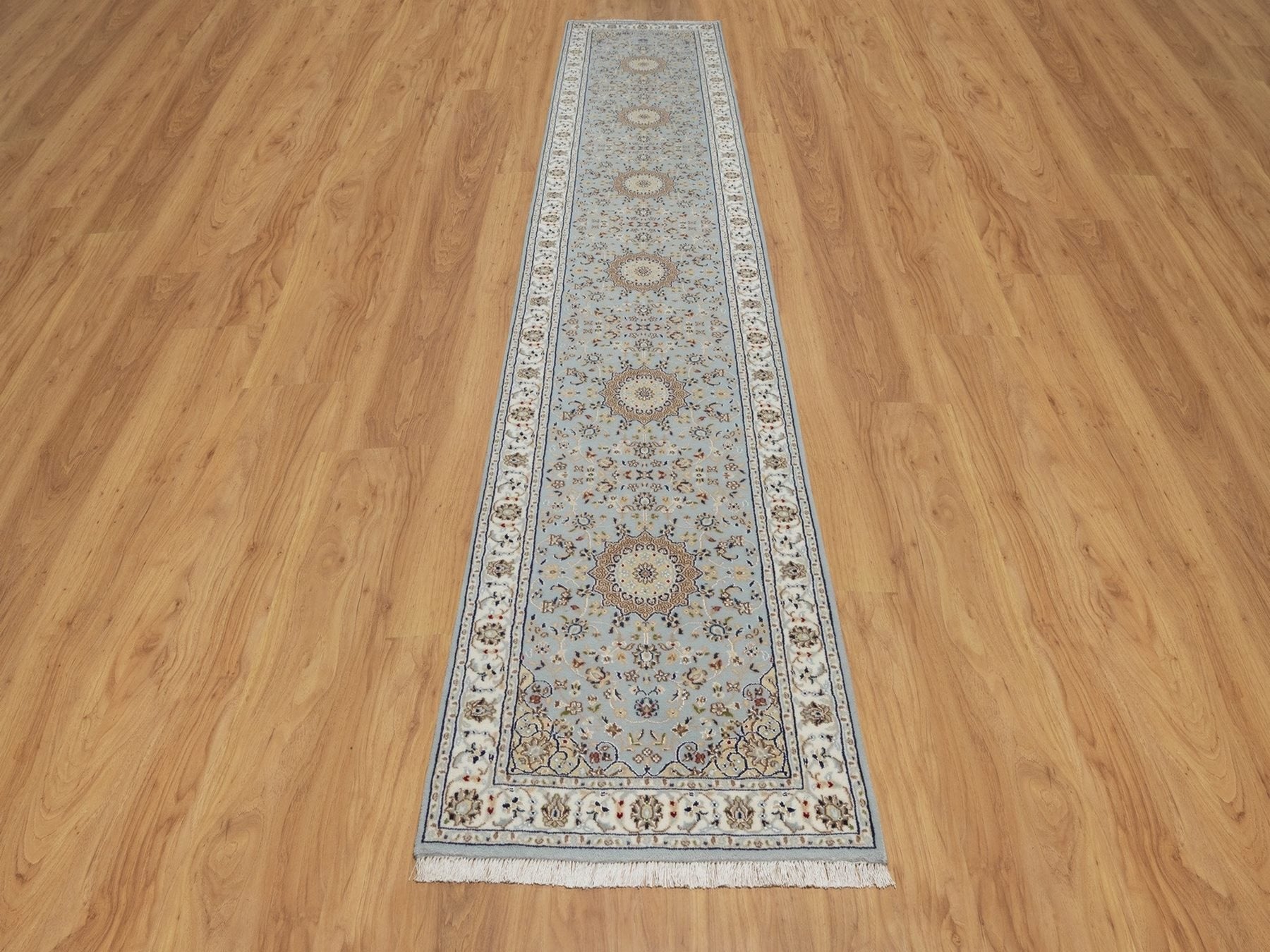 Blue 2'9" x 14'1" Fine Oriental Hand knotted Wool/Silk Rug - Sku: O092115