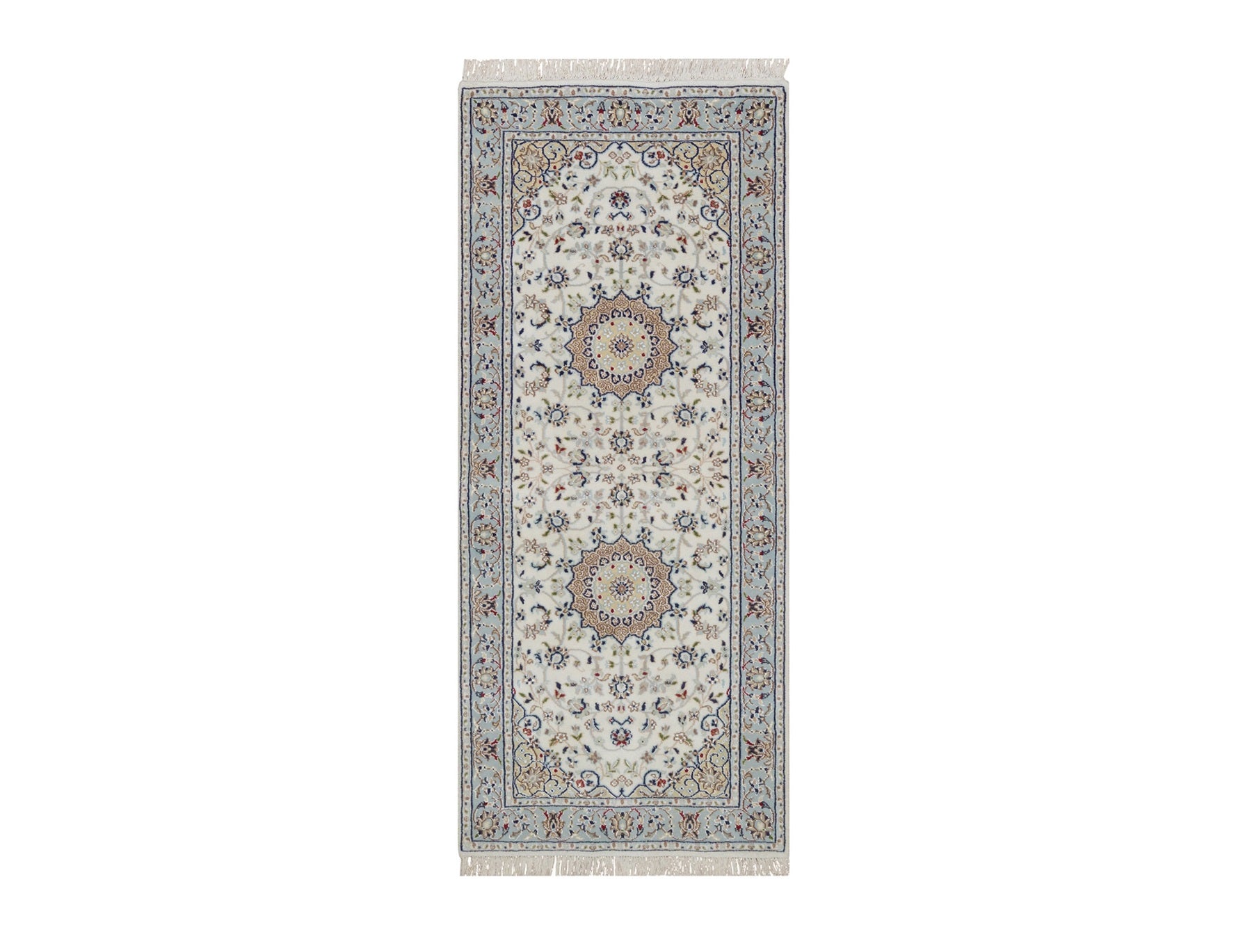 Nain Fine Oriental hand-knotted wool/silk runner in Ivory & Light Blue, 2'9" x 6'5" — SKU O092116