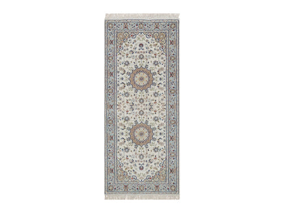 Nain Fine Oriental hand-knotted wool/silk runner in Ivory & Light Blue, 2'9" x 6'5" — SKU O092116