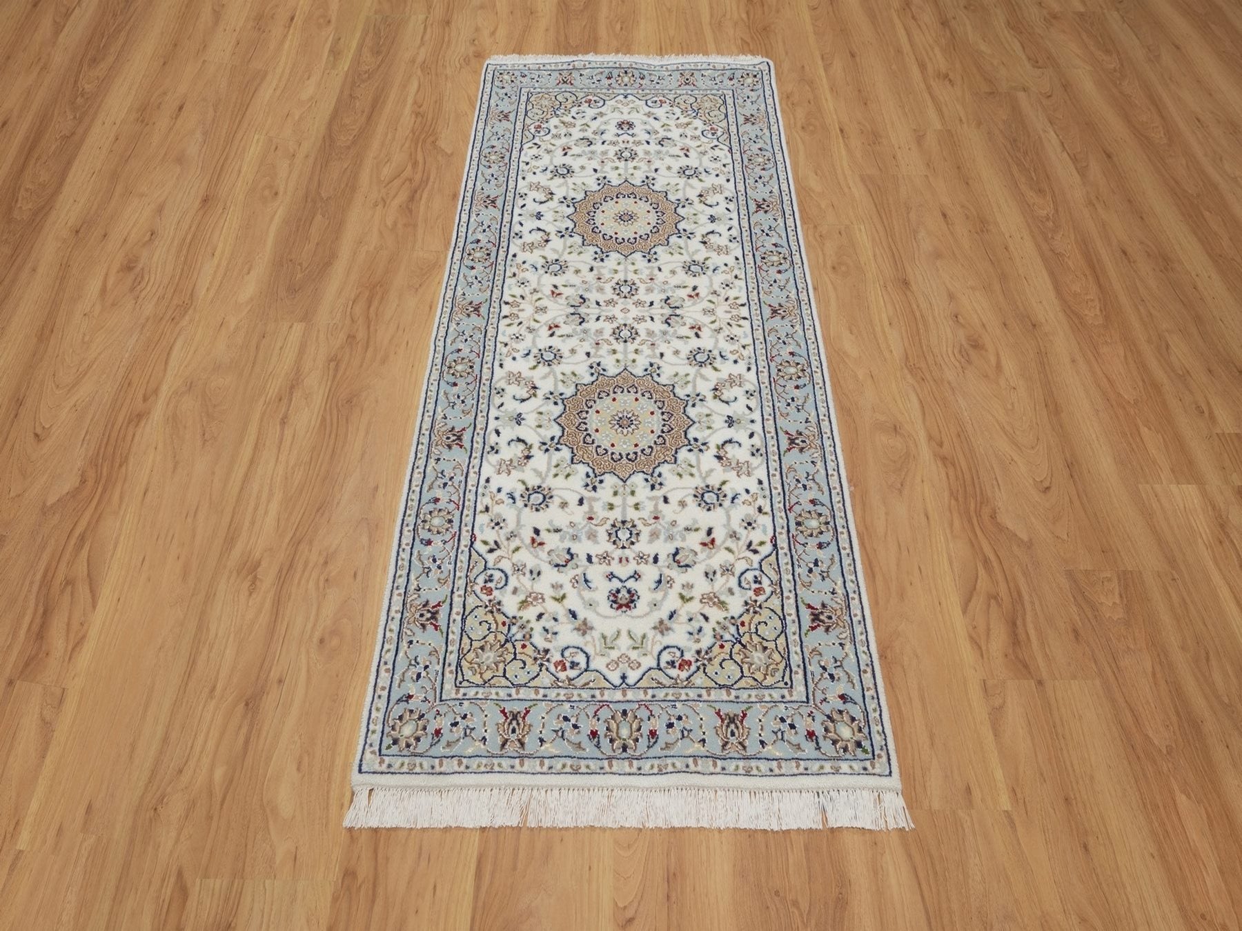 Nain Fine Oriental hand-knotted wool/silk runner in Ivory & Light Blue, 2'9" x 6'5" — SKU O092116 (view 2)