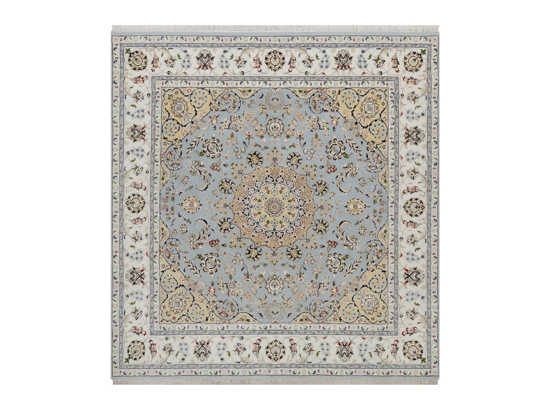Blue 6'4" x 6'9" Fine Oriental Hand knotted Wool/Silk Rug - Sku: O092117