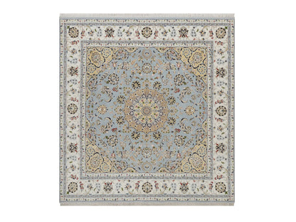 Blue 6'4" x 6'9" Fine Oriental Hand knotted Wool/Silk Rug - Sku: O092117