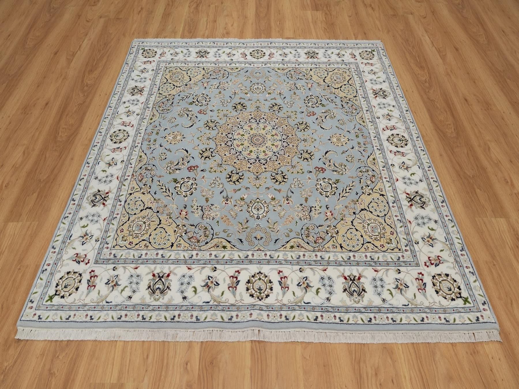 Blue 6'4" x 6'9" Fine Oriental Hand knotted Wool/Silk Rug - Sku: O092117