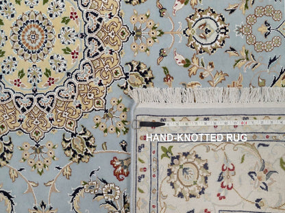 Blue 6'4" x 6'9" Fine Oriental Hand knotted Wool/Silk Rug - Sku: O092117
