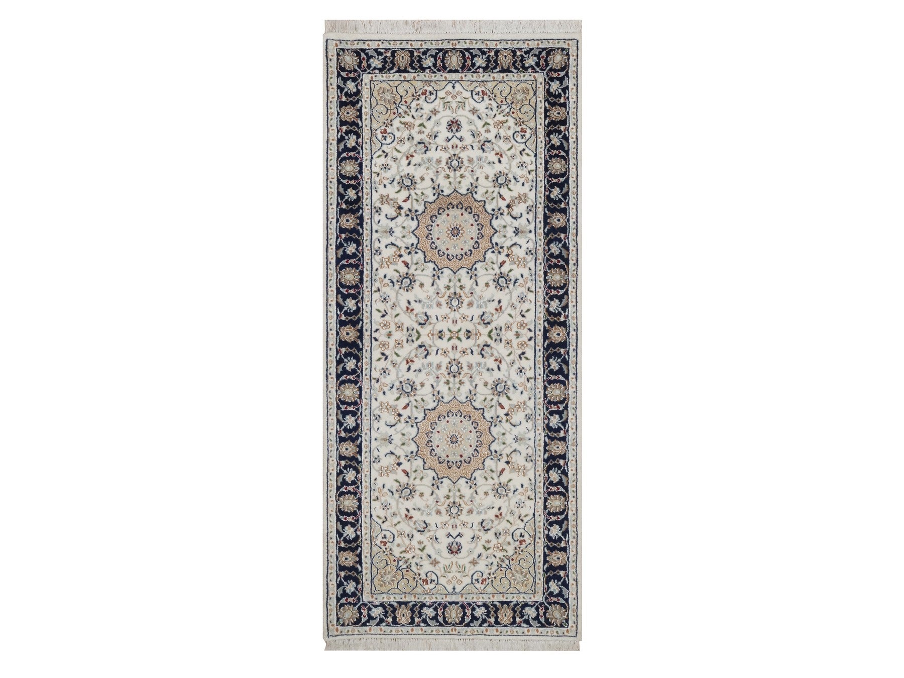 Nain Fine Oriental hand-knotted wool/silk runner in Ivory & Midnight Blue, 2'7" x 6'1" — SKU O092120