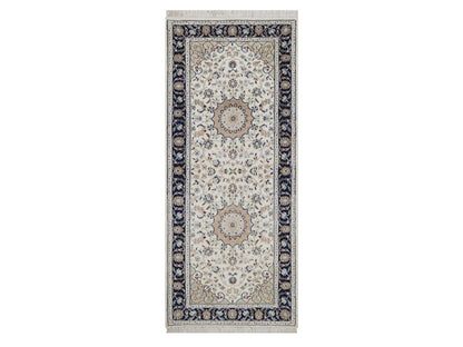 Nain Fine Oriental hand-knotted wool/silk runner in Ivory & Midnight Blue, 2'7" x 6'1" — SKU O092120