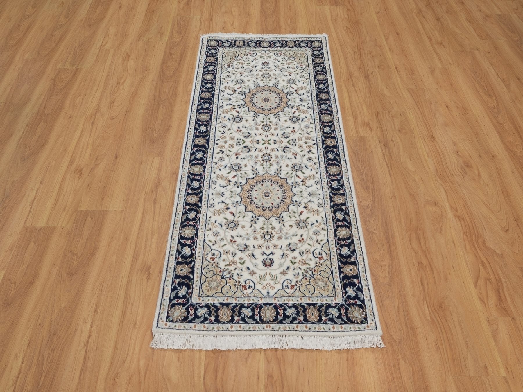 Nain Fine Oriental hand-knotted wool/silk runner in Ivory & Midnight Blue, 2'7" x 6'1" — SKU O092120 (view 2)