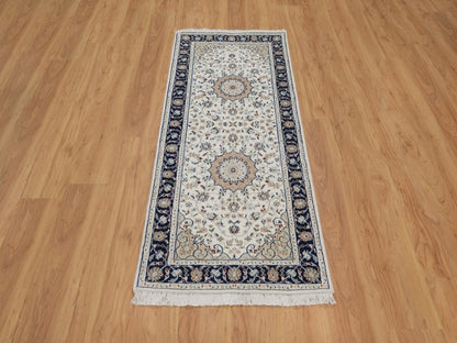Nain Fine Oriental hand-knotted wool/silk runner in Ivory & Midnight Blue, 2'7" x 6'1" — SKU O092120 (view 2)