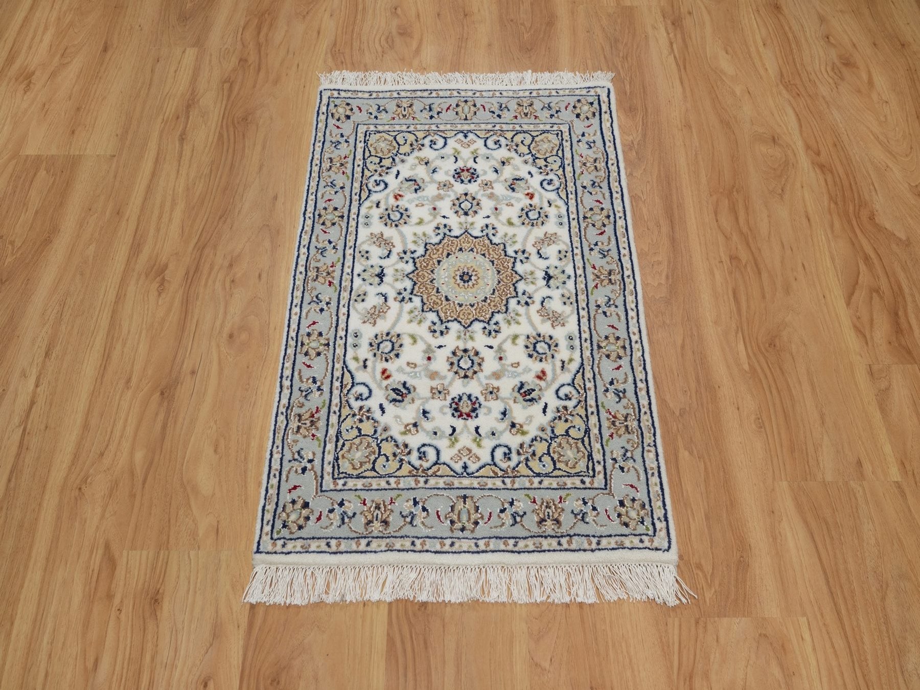Nain Fine Oriental hand-knotted wool/silk rug in Ivory & Light Blue, 2'1" x 3'2" — SKU O092123 (view 2)