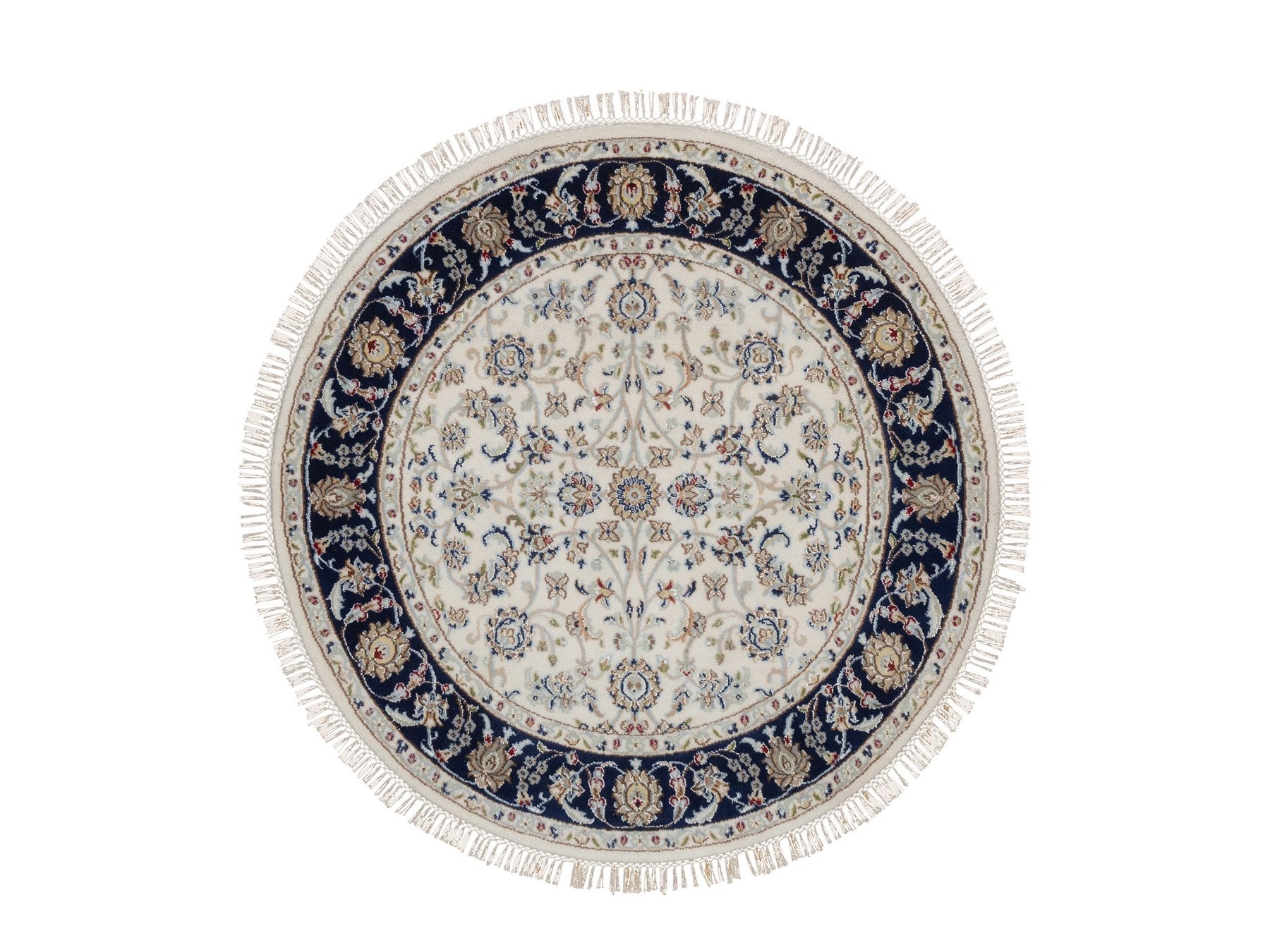 Nain Fine Oriental hand-knotted wool/silk rug in Ivory & Midnight Blue, 4' x 4'1" — SKU O092126