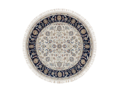 Nain Fine Oriental hand-knotted wool/silk rug in Ivory & Midnight Blue, 4' x 4'1" — SKU O092126