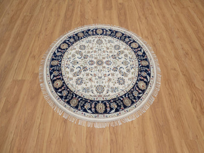Nain Fine Oriental hand-knotted wool/silk rug in Ivory & Midnight Blue, 4'1" x 4'1" — SKU O092127 (view 2)