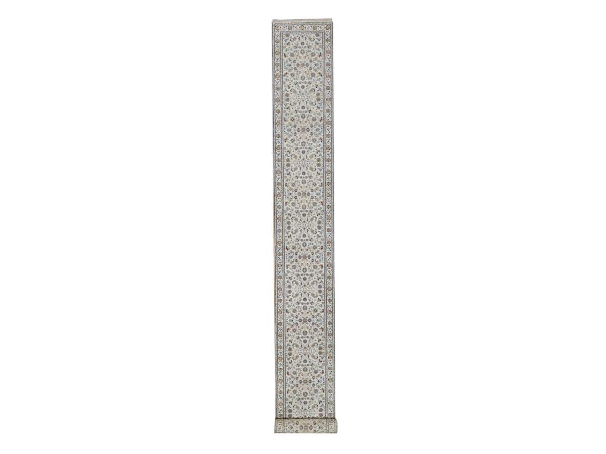Nain Fine Oriental hand-knotted wool/silk runner in Ivory, 2'6" x 21'5" — SKU O092129