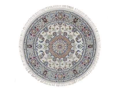 Nain Fine Oriental hand-knotted wool/silk rug in Ivory & Light Blue, 3'2" x 3'2" — SKU O092130