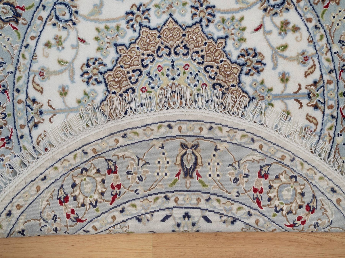 Nain Fine Oriental hand-knotted wool/silk rug in Ivory & Light Blue, 3'2" x 3'2" — SKU O092130 (view 3)