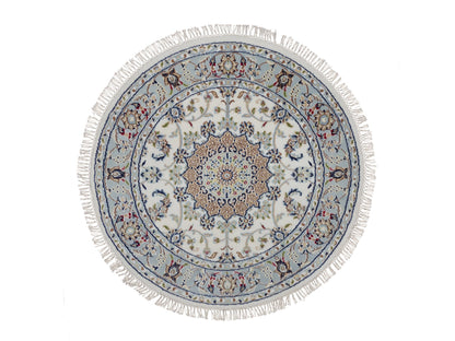 Nain Fine Oriental hand-knotted wool/silk rug in Ivory & Light Blue, 3'3" x 3'3" — SKU O092131