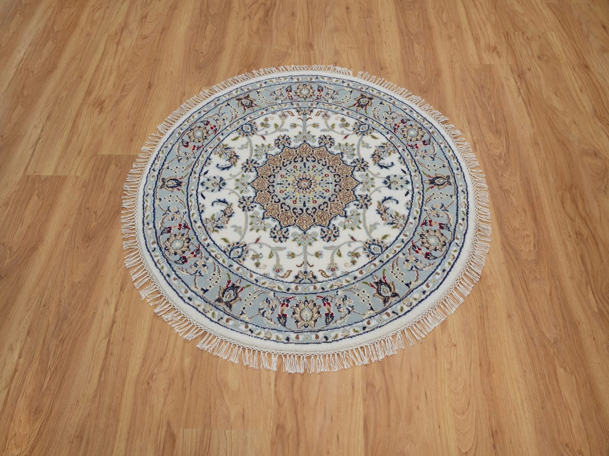 Nain Fine Oriental hand-knotted wool/silk rug in Ivory & Light Blue, 3'3" x 3'3" — SKU O092131 (view 2)