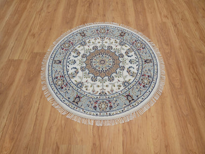 Nain Fine Oriental hand-knotted wool/silk rug in Ivory & Light Blue, 3'3" x 3'3" — SKU O092131 (view 2)