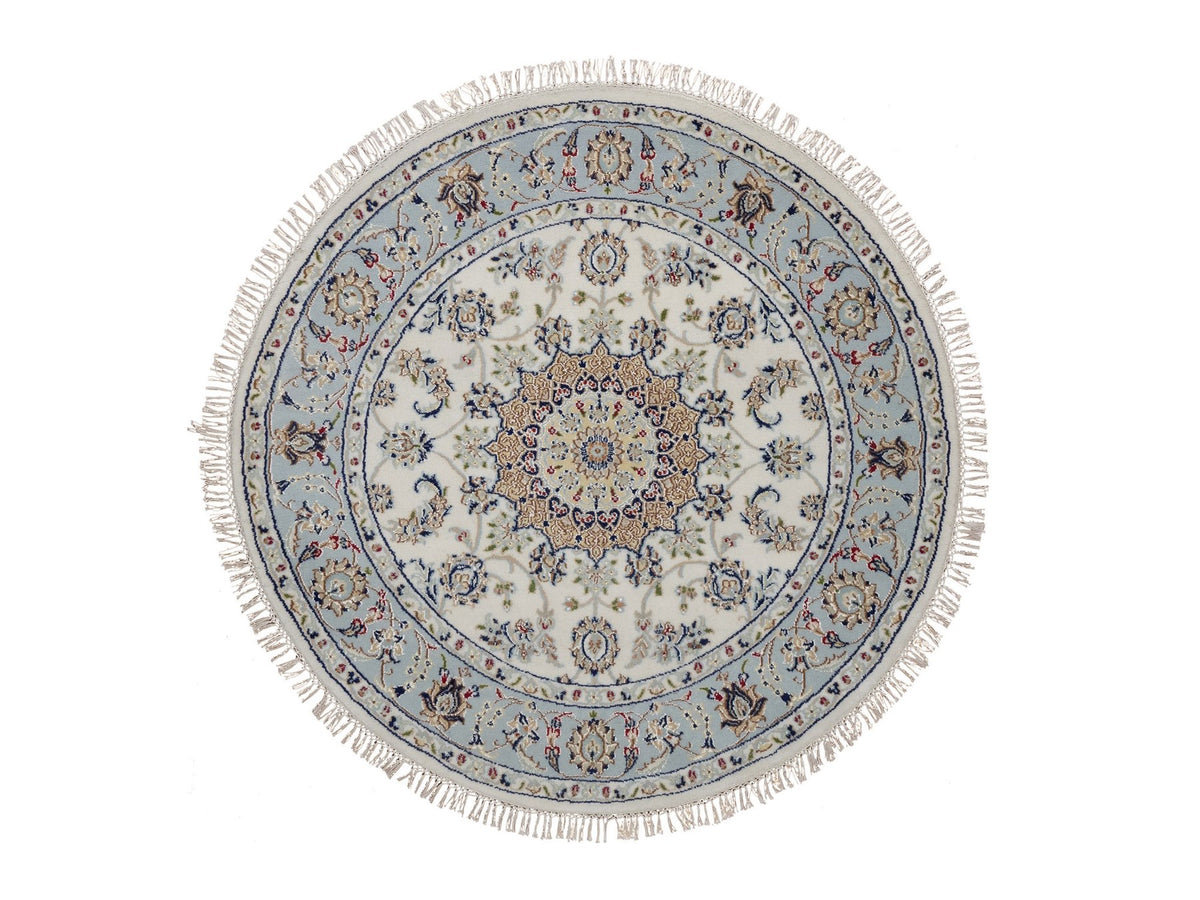Nain Fine Oriental hand-knotted wool/silk rug in Ivory & Light Blue, 4'2" x 4'2" — SKU O092135