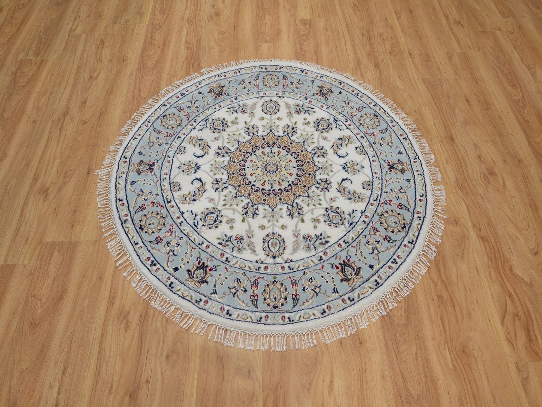 Nain Fine Oriental hand-knotted wool/silk rug in Ivory & Light Blue, 4'2" x 4'2" — SKU O092135 (view 2)