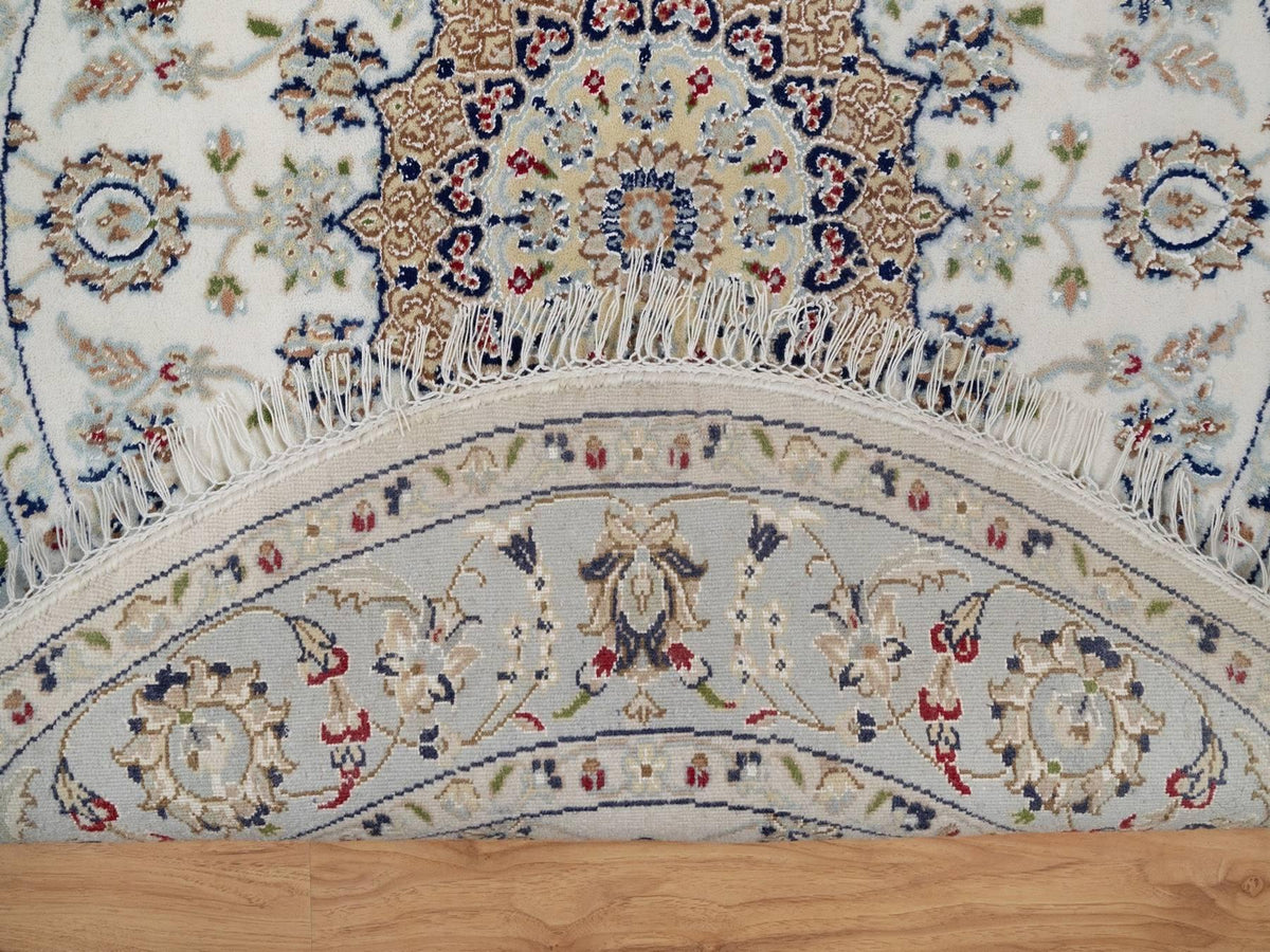 Nain Fine Oriental hand-knotted wool/silk rug in Ivory & Light Blue, 4'2" x 4'2" — SKU O092135 (view 3)