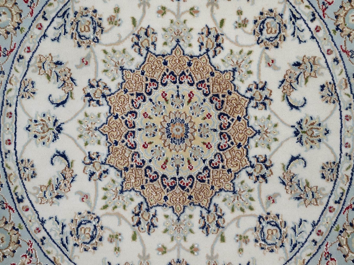Nain Fine Oriental hand-knotted wool/silk rug in Ivory & Light Blue, 4'2" x 4'2" — SKU O092135 (view 5)