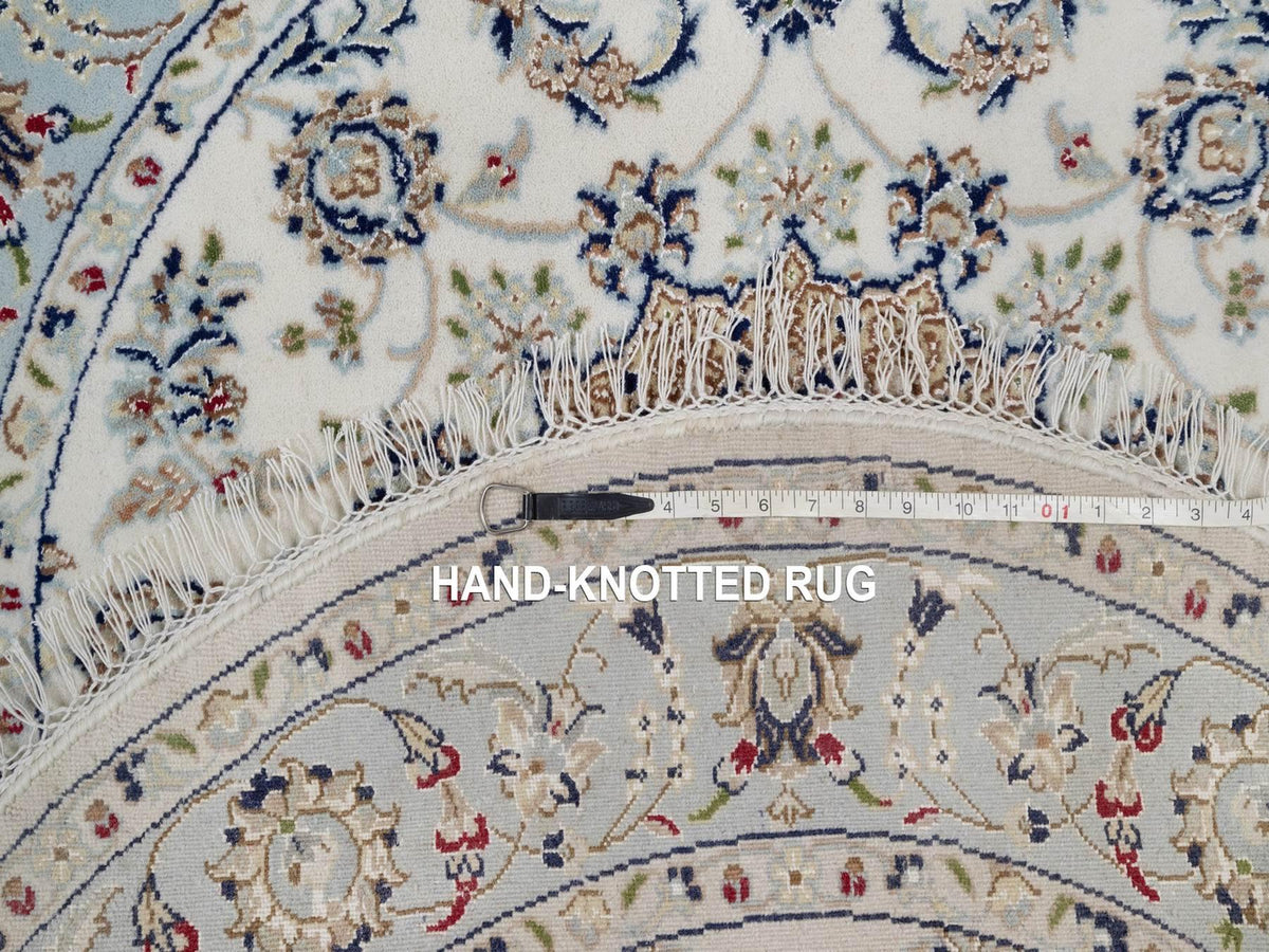 Nain Fine Oriental hand-knotted wool/silk rug in Ivory & Light Blue, 4'2" x 4'2" — SKU O092135 (view 8)