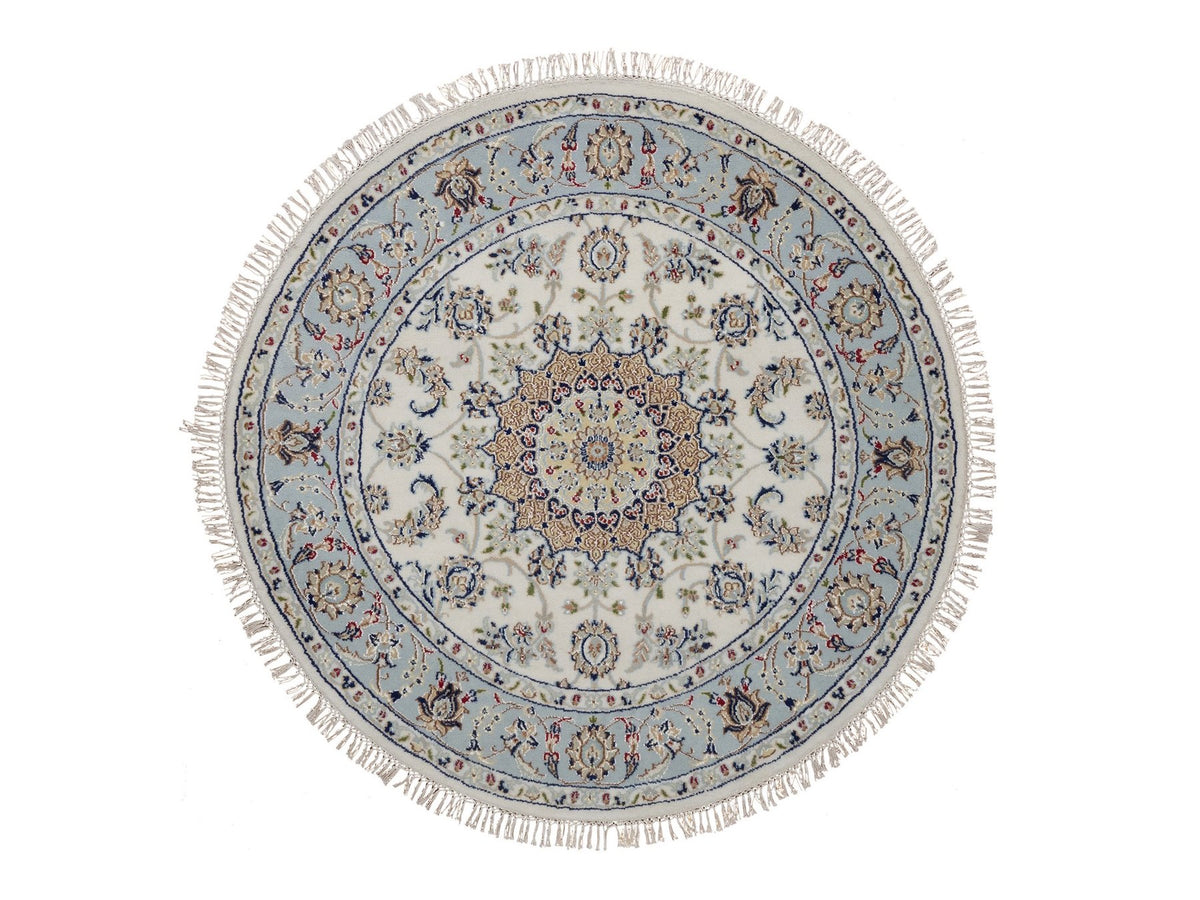 Nain Fine Oriental hand-knotted wool/silk rug in Ivory & Light Blue, 4'1" x 4'2" — SKU O092136