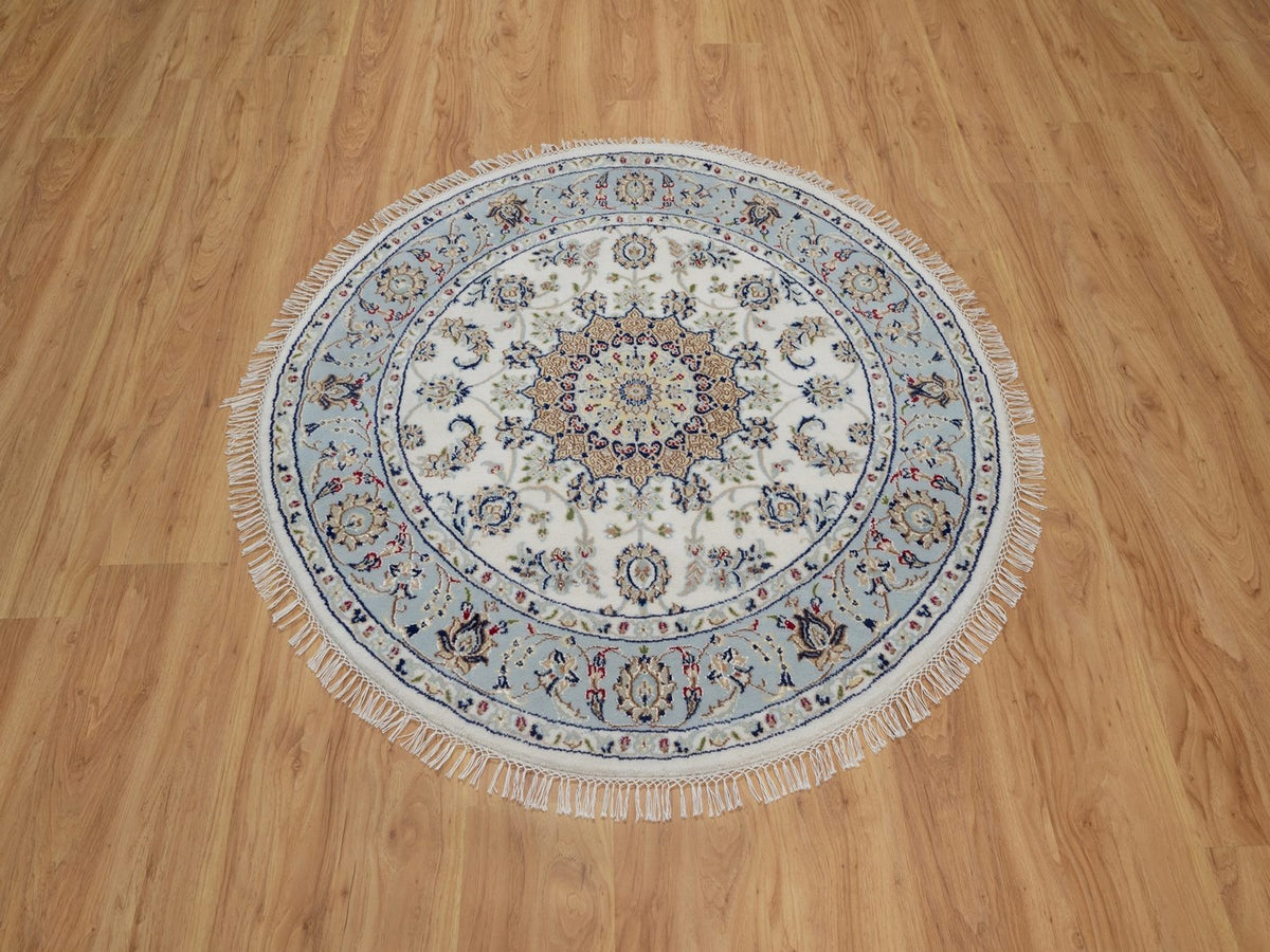 Nain Fine Oriental hand-knotted wool/silk rug in Ivory & Light Blue, 4'1" x 4'2" — SKU O092136 (view 2)