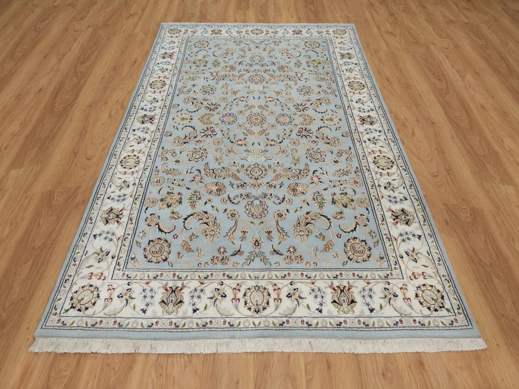 Blue 5'11" x 9'4" Fine Oriental Hand knotted Wool/Silk Rug - Sku: O092140