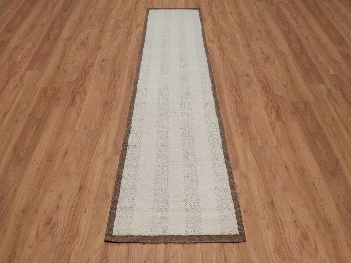 Modern / Contemporary hand-knotted wool runner in Ivory & Chocolate Brown, 2'6" x 11'11" — SKU O092260 (view 2)
