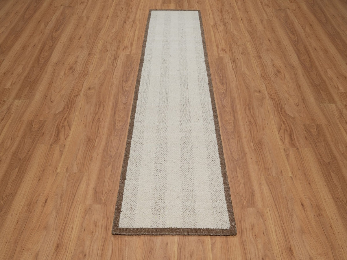 Modern / Contemporary hand-knotted wool runner in Ivory & Chocolate Brown, 2'5" x 10'1" — SKU O092263 (view 2)