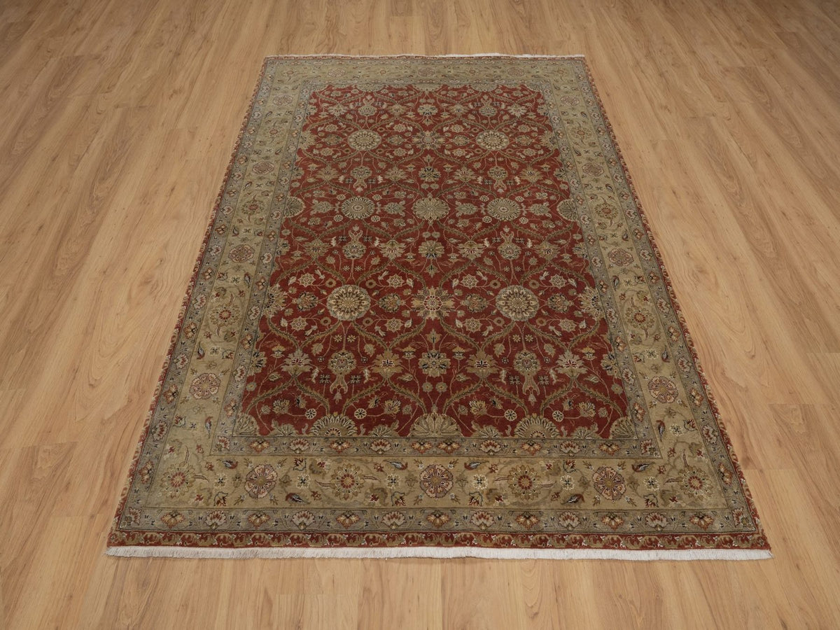Fine Oriental hand-knotted wool/silk rug in Red & Beige, 5'6" x 7'9" — SKU O092327 (view 2)