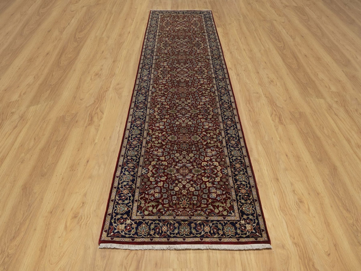 Fine Oriental hand-knotted wool runner in Red & Midnight Blue, 3'5" x 13' — SKU O092336 (view 2)