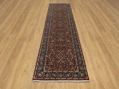 Fine Oriental hand-knotted wool runner in Red & Midnight Blue, 3'5" x 13' — SKU O092336 (view 2)