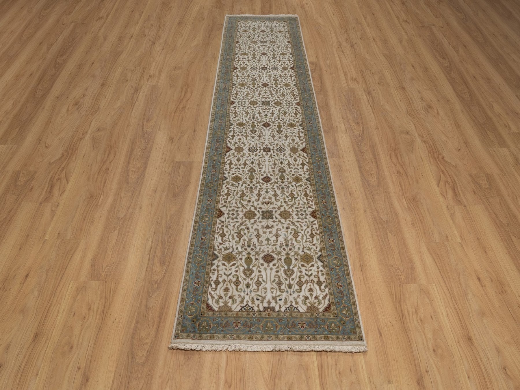 Tabriz Fine Oriental hand-knotted wool runner in Ivory & Blue, 2'8" x 11'4" — SKU O092349 (view 2)