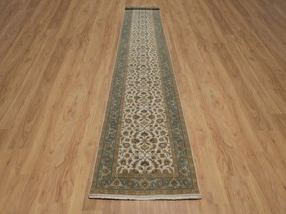 Kashan Fine Oriental hand-knotted wool runner in Ivory & Blue, 3'1" x 18' — SKU O092351 (view 2)