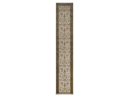 Tabriz Fine Oriental hand-knotted wool runner in Ivory & Blue, 3'1" x 17'5" — SKU O092352