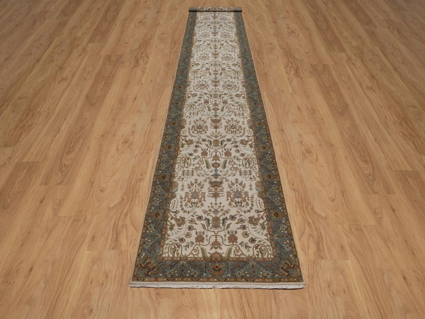 Tabriz Fine Oriental hand-knotted wool runner in Ivory & Blue, 3'1" x 17'5" — SKU O092352 (view 2)