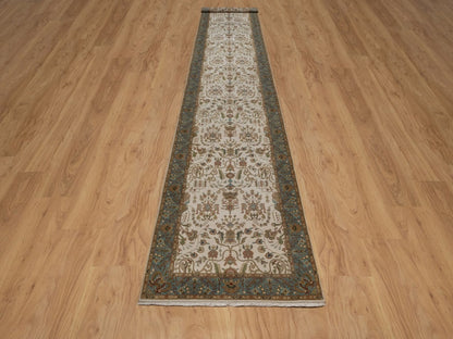 Tabriz Fine Oriental hand-knotted wool runner in Ivory & Blue, 3'1" x 17'5" — SKU O092352 (view 2)