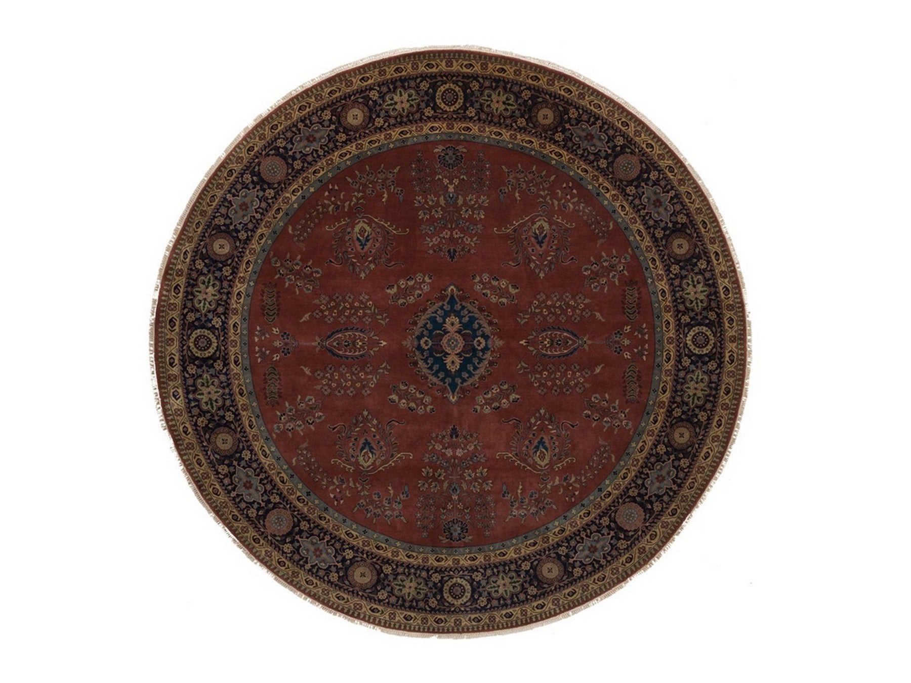 Sarouk Fine Oriental hand-knotted wool rug in Red & Midnight Blue, 9' x 9' — SKU O092358