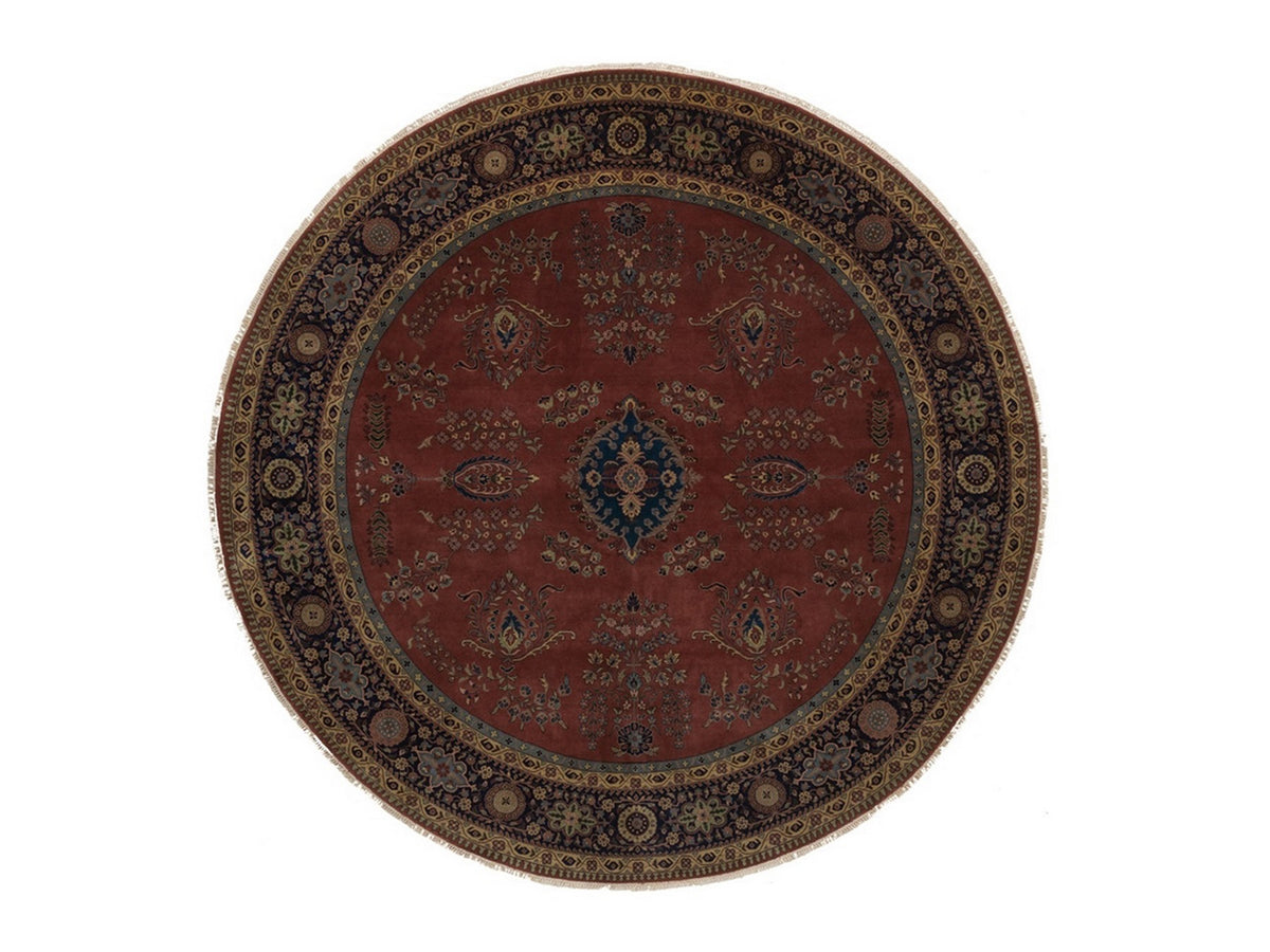 Sarouk Fine Oriental hand-knotted wool rug in Red & Midnight Blue, 9' x 9' — SKU O092358