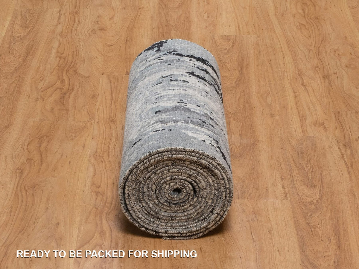 Modern / Contemporary hand-knotted wool/silk runner in Ivory, 2'5" x 21'8" — SKU O092379 (view 6)