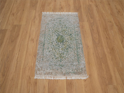 Green 1'11" x 3'1" Modern and Contemporary Hand knotted Wool/Silk Rug - Sku: O092400